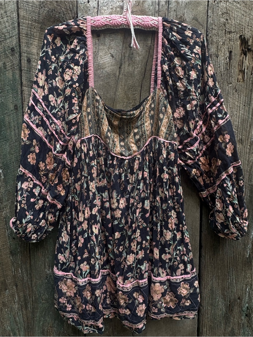 Free People Black Floral Peasant Tunic with Pink Trim 100% Cotton Small - Picture 7 of 9